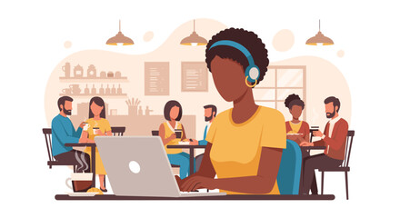 Young woman working remotely on laptop at a vibrant coffee shop, enjoying a productive and social atmosphere. Represents modern freelancing and digital nomad lifestyle.