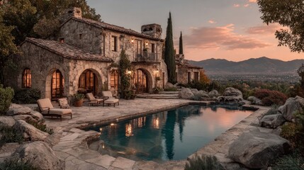 Scenic estate rising above rolling hills, adorned with fountains, courtyards, and ocean horizons