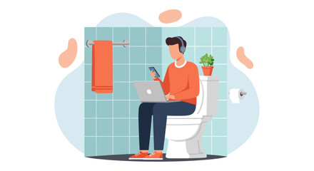 Man in bathroom multitasking with laptop and phone, wearing headphones. Illustrates remote work, digital connectivity, and the blurring of personal time.