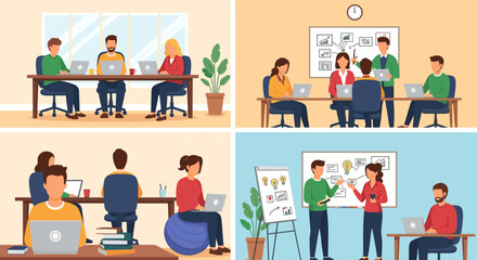 Professional teams collaborate in a modern office, engaged in meetings, presentations, and individual work for business growth and innovation.