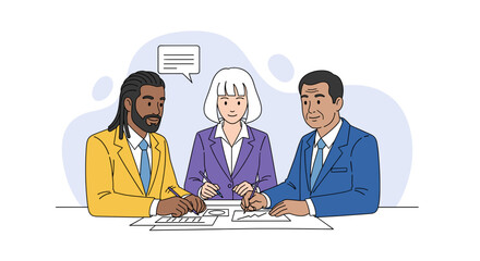 Diverse business professionals collaborate in a meeting, discussing ideas and reviewing documents. Perfect for teamwork, partnership, and agreement concepts.