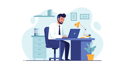 Focused businessman working on his laptop at a modern office desk, highlighting productivity, remote work, and professional tasks.