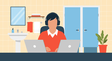 Humorous illustration of a person focused on work with two laptops in an unexpected bathroom environment, highlighting remote work dedication or privacy needs.