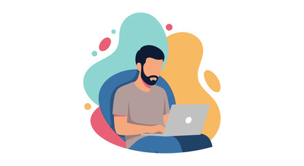Focused man with beard working on a laptop in a modern, abstract setting. Represents remote work, productivity, digital business, and online communication.