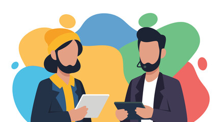 Two diverse professionals collaborating with tablets and headset against a colorful abstract background, representing modern communication, customer service, and digital business solutions.