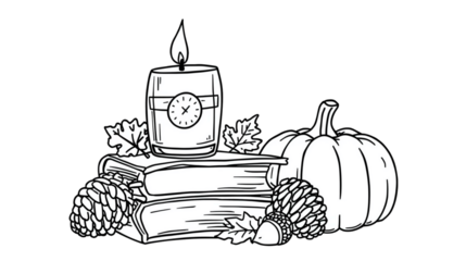 Minimalist Handdrawn Thanksgiving Still Life with Candle Pumpkin and Book Illustration