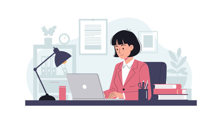 Smiling professional woman working diligently on her laptop at an organized office desk. Perfect for business, remote work, and female entrepreneurship concepts.