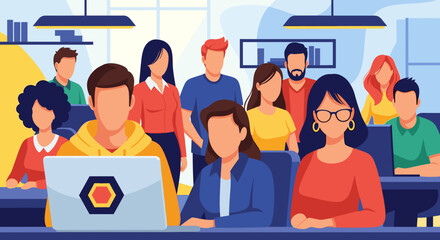 Diverse team collaborating in a modern office, focused on technology and professional development. Ideal for business, education, and digital work concepts.