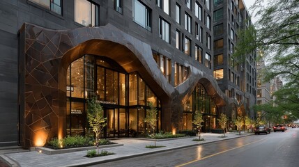 Sculptural urban facade with gleaming surfaces and asymmetrical contours in a downtown environment