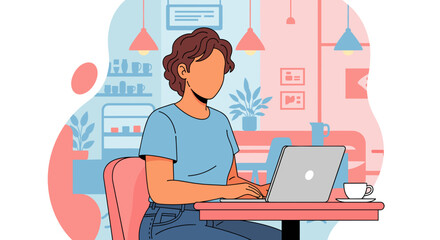 Woman working on a laptop in a modern cafe setting, enjoying a coffee. Illustrates remote work, productivity, online learning, or a relaxed freelance lifestyle.