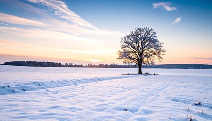 A solitary tree stands in a snowy landscape at sunrise