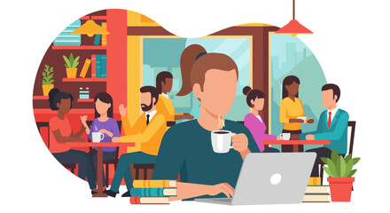Focused person working remotely on a laptop in a bustling cafe, surrounded by people socializing and collaborating. Represents modern flexible work culture.