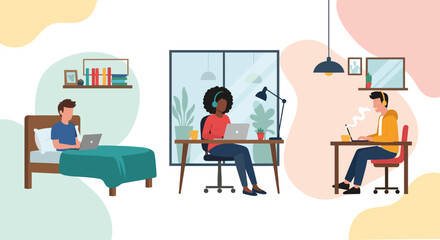 Diverse people working remotely from home in various comfortable settings, illustrating flexibility and modern digital productivity.