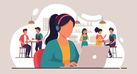 Woman with headphones focused on her laptop in a cafe, illustrating remote work, productivity, and a modern flexible lifestyle.