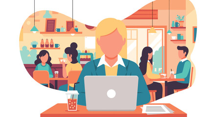 Professional woman works intently on her laptop in a busy, modern cafe, representing remote work, freelance lifestyle, and productive connectivity.