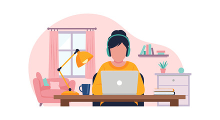 Person working remotely from a cozy home office setup, wearing headphones and using a laptop. Ideal for themes of productivity, online learning, and flexible work lifestyle.