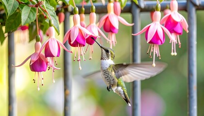 A hummingbird hovers gracefully amidst vibrant fuchsia flowers, showcasing the beauty of nature's intricate details.