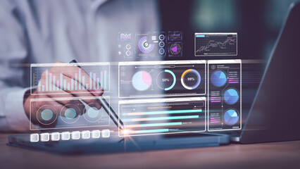 Futuristic business analytics concept showing data visualization dashboards for smart decision-making. Ideal for topics related to big data, data science, and digital transformation in business.