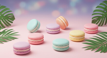 Obraz premium Colorful Macarons on Pink Backdrop with Palm Leaves Decor