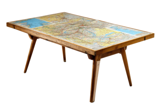 Wooden Table with Large Road Map on Transparent Background