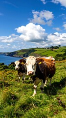 Two cows graze on a hillside overlooking a coastal landscape on a sunny day.