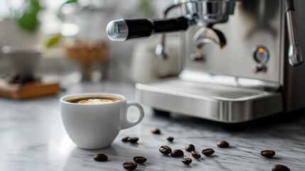 Ground coffee and coffee beans on old cafe table. Machine make strong coffee at home