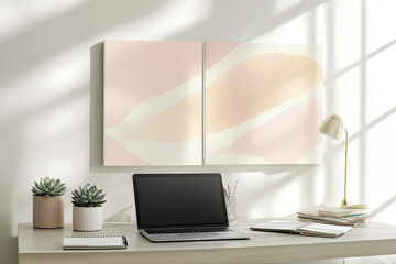 Fototapeta premium Cozy Home Office with Laptop, Notepad