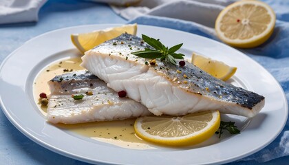 Two glistening, cooked fish fillets, seasoned with herbs and spices, rest atop a white plate, with lemon slices arranged around them.