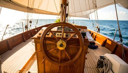 Sailing on a wooden sailboat with a large steering wheel and sails.