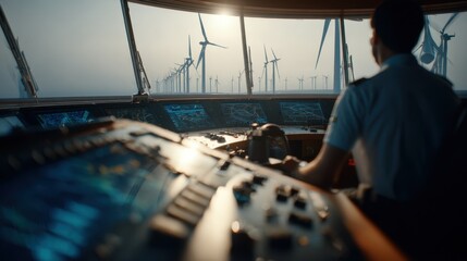 Medium shot of a navigational officer scanning an electronic marine tracking system with blurred offshore wind turbines and control consoles in the distance.