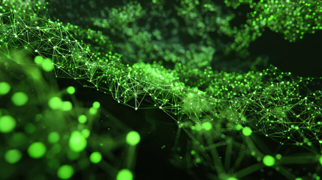 Digital network visualization with glowing green nodes and interconnected lines, representing technology, data flow, and connectivity in futuristic environment