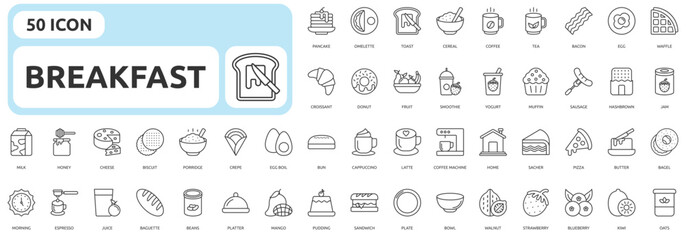 Breakfast icon set outline style with pancake, omelette, toast, cereal, coffee, tea, bacon, egg, waffle, bagel, croissant, donut, fruit, smoothie, yogurt icons