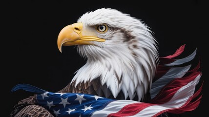 Naklejka premium Majestic bald eagle portrait with the american flag, a symbol of freedom and patriotism, against a dark background, showcasing national pride