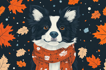 Happy dog ​​with a bright scarf stands proudly among scattered autumn leaves on a dark background. Autumn picture with a dog