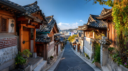 Obraz premium Narrow street lined with traditional Korean houses with tiled roofs on a sunny day in Bukchon Hanok Village, Seoul.