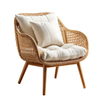 Stylish Rattan Chair with Plush Cushions on a Transparent Background