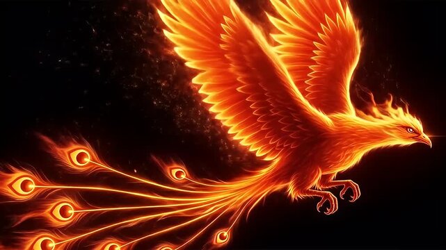 Majestic Phoenix Bird Flying with Fiery Feathers in the Dark