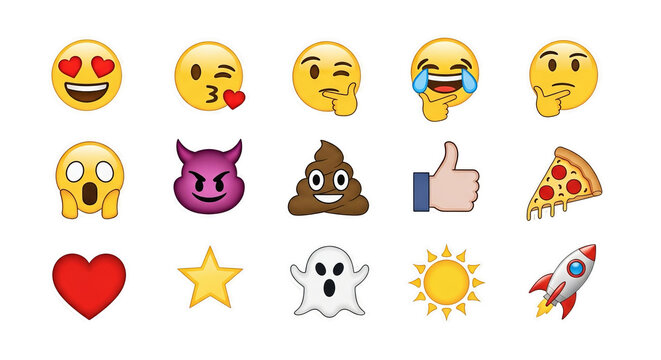 Various Emoji Stickers are Displayed on a isolated background, including faces, a ghost, pizza and other symbols.