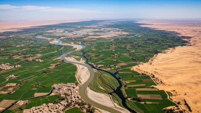 Aerial view of a lush green river valley flanked by a desert on either side showing a complex river system and scattered buildings