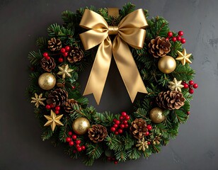 A festive Christmas wreath, adorned with gold accents and red berries, is beautifully displayed against a dark gray backdrop.