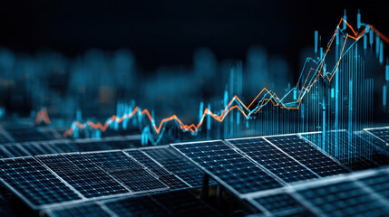Innovative solar panels with backdrop of digital graphs represent growth of renewable energy. This captures intersection of technology and sustainability, showcasing bright future