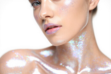 Close-up of Woman's Face and Neck, Iridescent Glitter Makeup, Glamorous and Dreamy, Beauty and Cosmetics Stock Photo