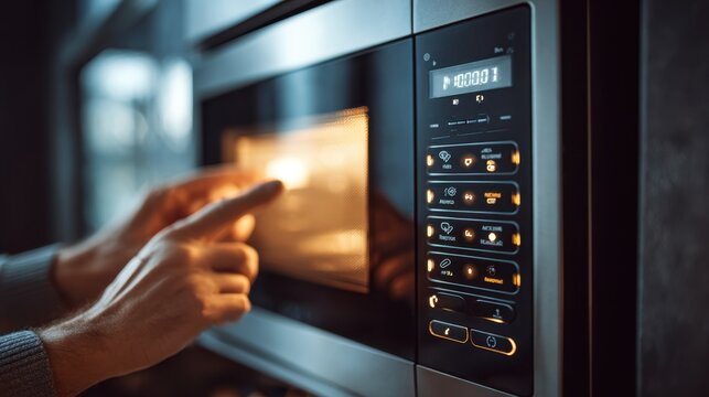 Medium shot of a multimode microwave oven control panel illuminated selecting cooking functions with sharp focus outoffocus hands and kitchen scene behind.