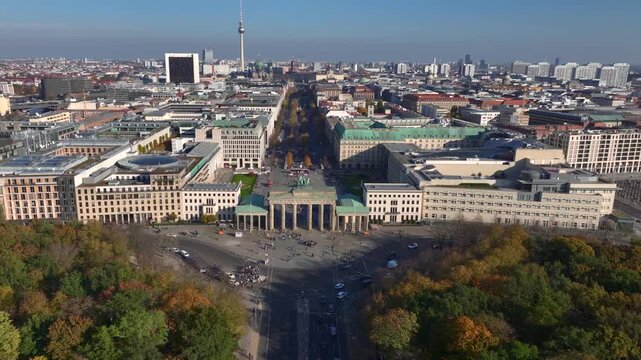 Aerial View of Brandenburg Gate, Brandenburger Tor, in Autumn Day. monument in Berlin, Capital of Germany, Europe.