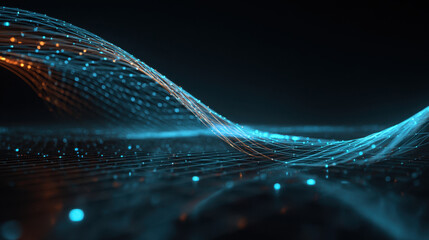 Digital wave pattern glowing lines abstract design technology background futuristic concept data visualization light trails blue and orange colors motion graphics 3D rendering