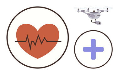 Heart with ECG line, Quadcopter with medical tools, and first aid cross reflect healthcare innovation. Ideal for remote medicine, emergency aid, telehealth, logistics, robotics, healthcare delivery