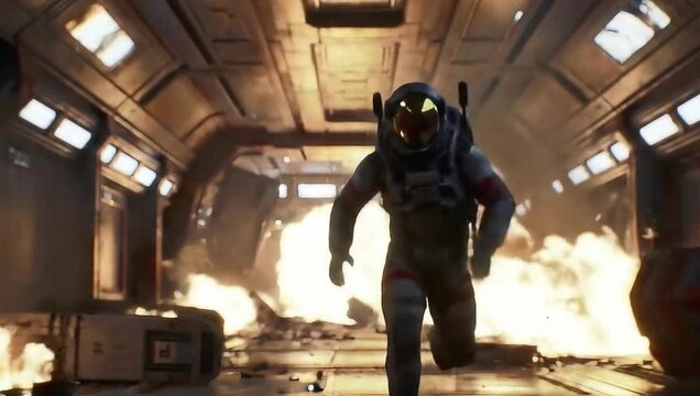 running Astronaut escaping fire in spaceship like in sci-fi movie, a spaceman runs inside spacecraft or space station during crash. Concept of disaster, technology, accident. Generative A
