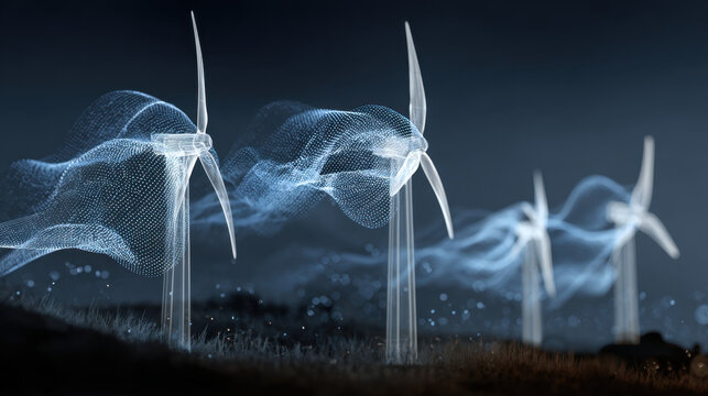 Digital wind turbines illuminated at night, showcasing futuristic design with flowing lines and sense of motion. scene conveys innovation and sustainability in renewable energy