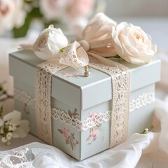 A delicate light-gray gift box adorned with pastel pink roses, lace ribbon, and a beautiful bow, creating a serene and romantic ambiance.