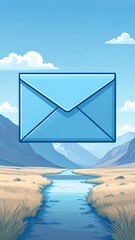 A light-blue email icon floats above a tranquil valley, showcasing a serene landscape of mountains and a flowing river.